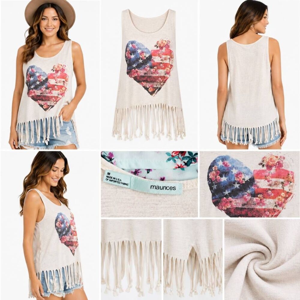 Maurices Women’s Fringe Tank Top Heart American Flag Graphic M